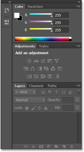 The panels in the Essentials workspace in Photoshop CS6. 